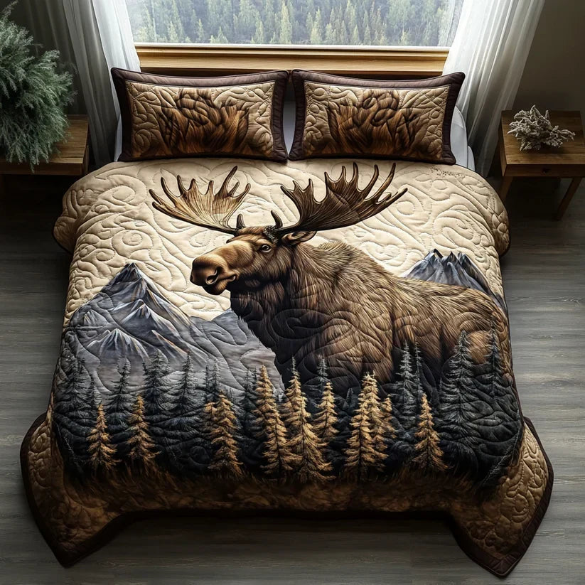 Parure de lit matelassée Élan des montagnes – housse de couette et 2 taies d'oreiller