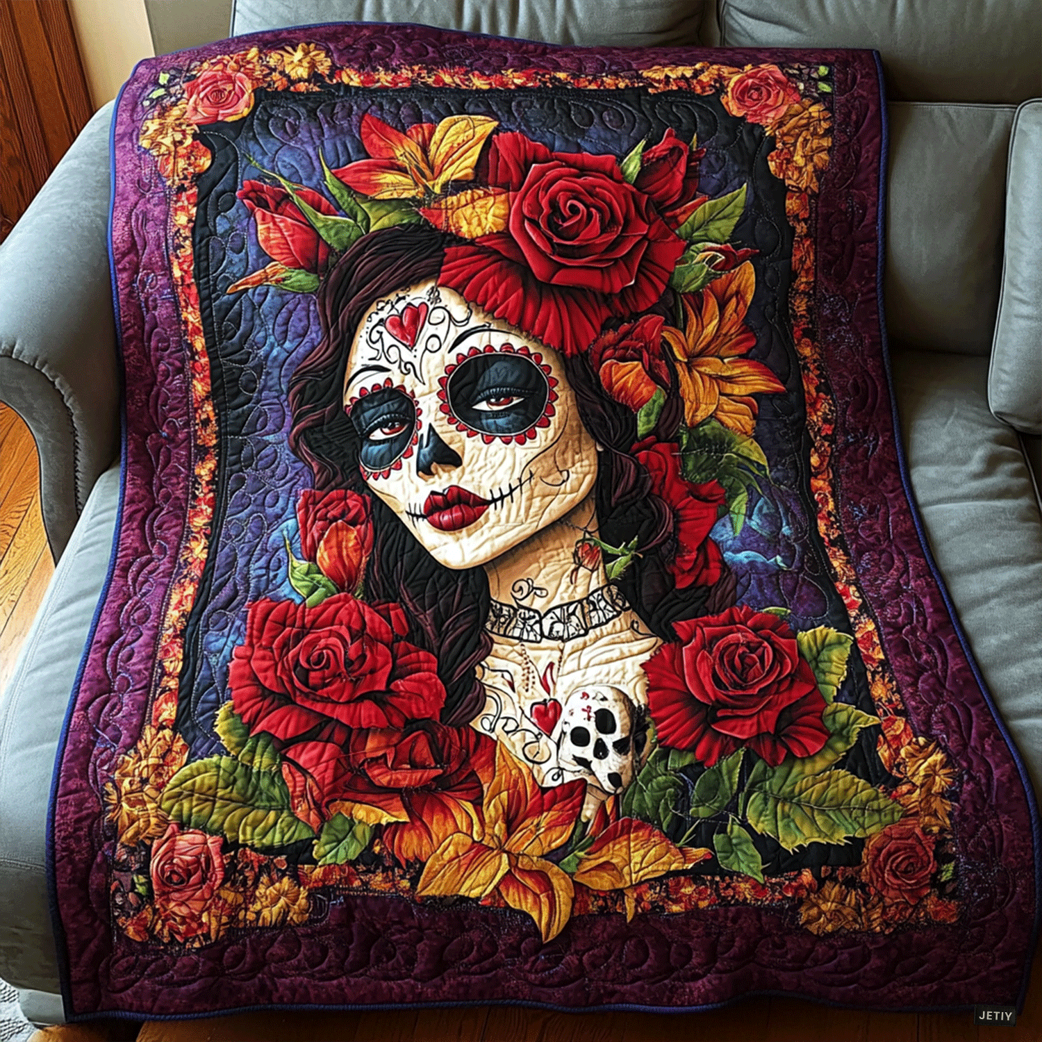 Couvre-lit matelassé Crâne floral mystique – motif complet