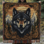 Plaid tissé Loup du crépuscule – un loup gris foncé au regard perçant devant des montagnes enneigées et des pins, encadré d'une bordure ornementale brune