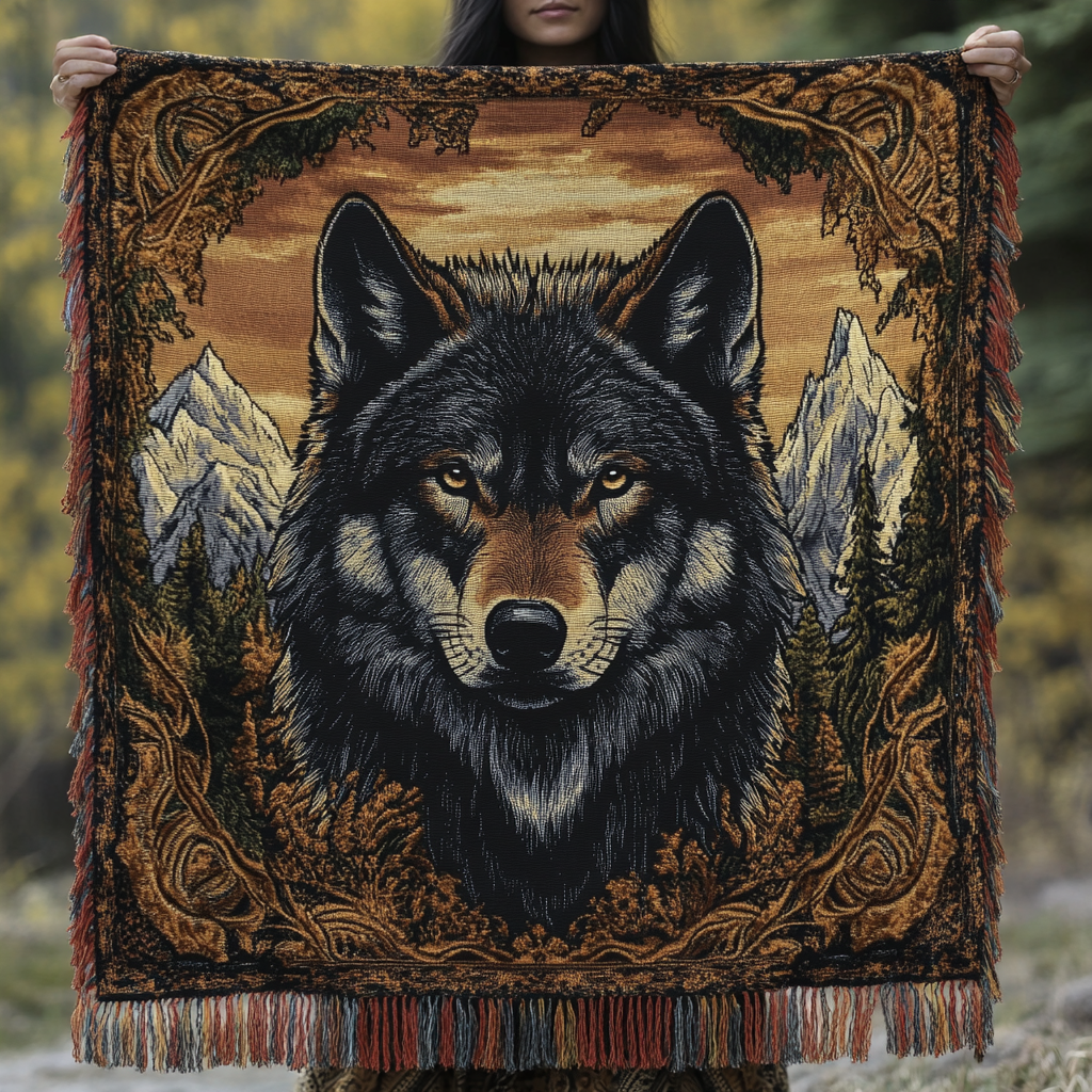Plaid tissé Loup du crépuscule – un loup gris foncé au regard perçant devant des montagnes enneigées et des pins, encadré d'une bordure ornementale brune
