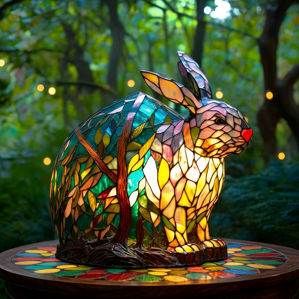 Noppie Konijn dierenlamp in glas-in-lood-stijl, verlicht