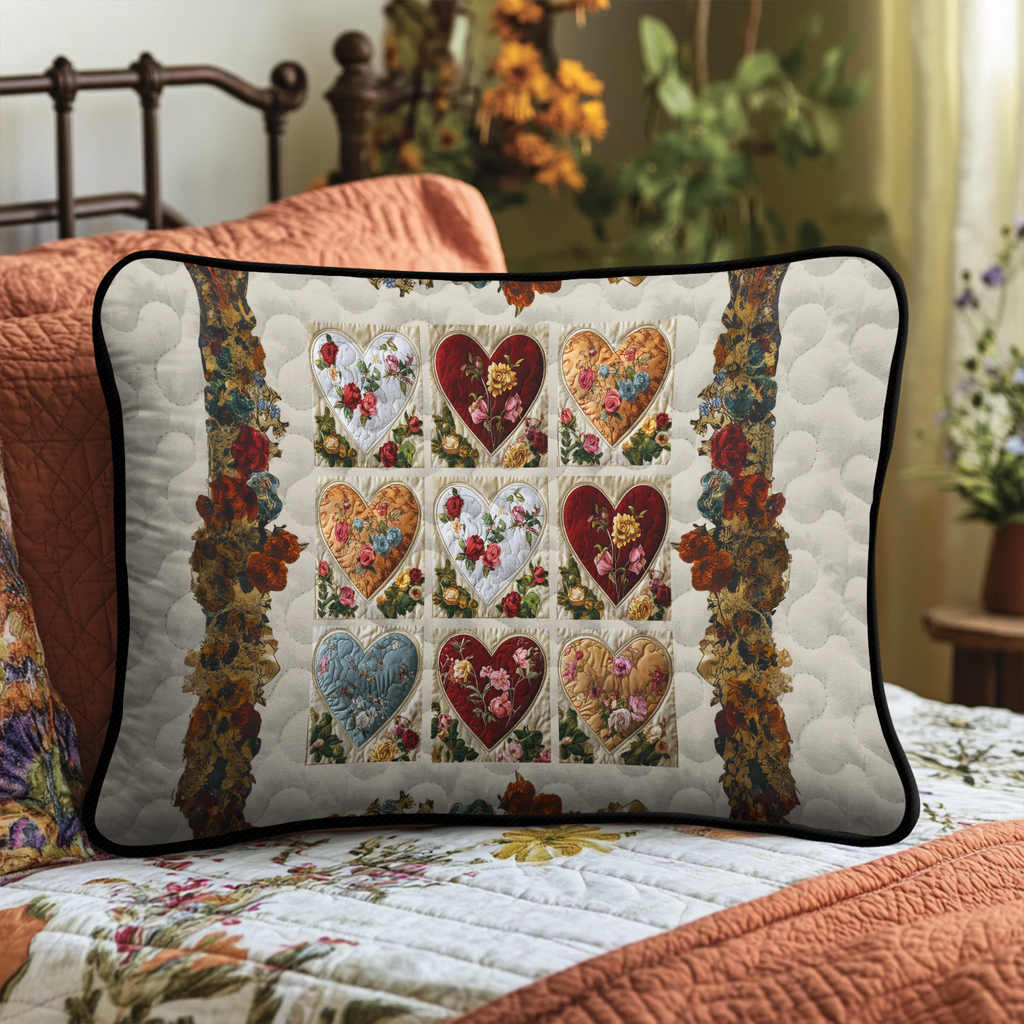 Taie d'oreiller matelassée Cœurs en patchwork – vue de face