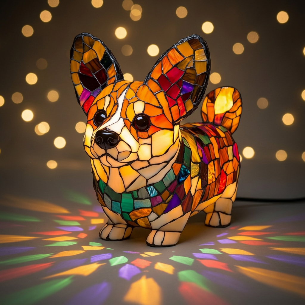 Koninklijke Corgi dierenlamp in glas-in-lood-stijl, verlicht
