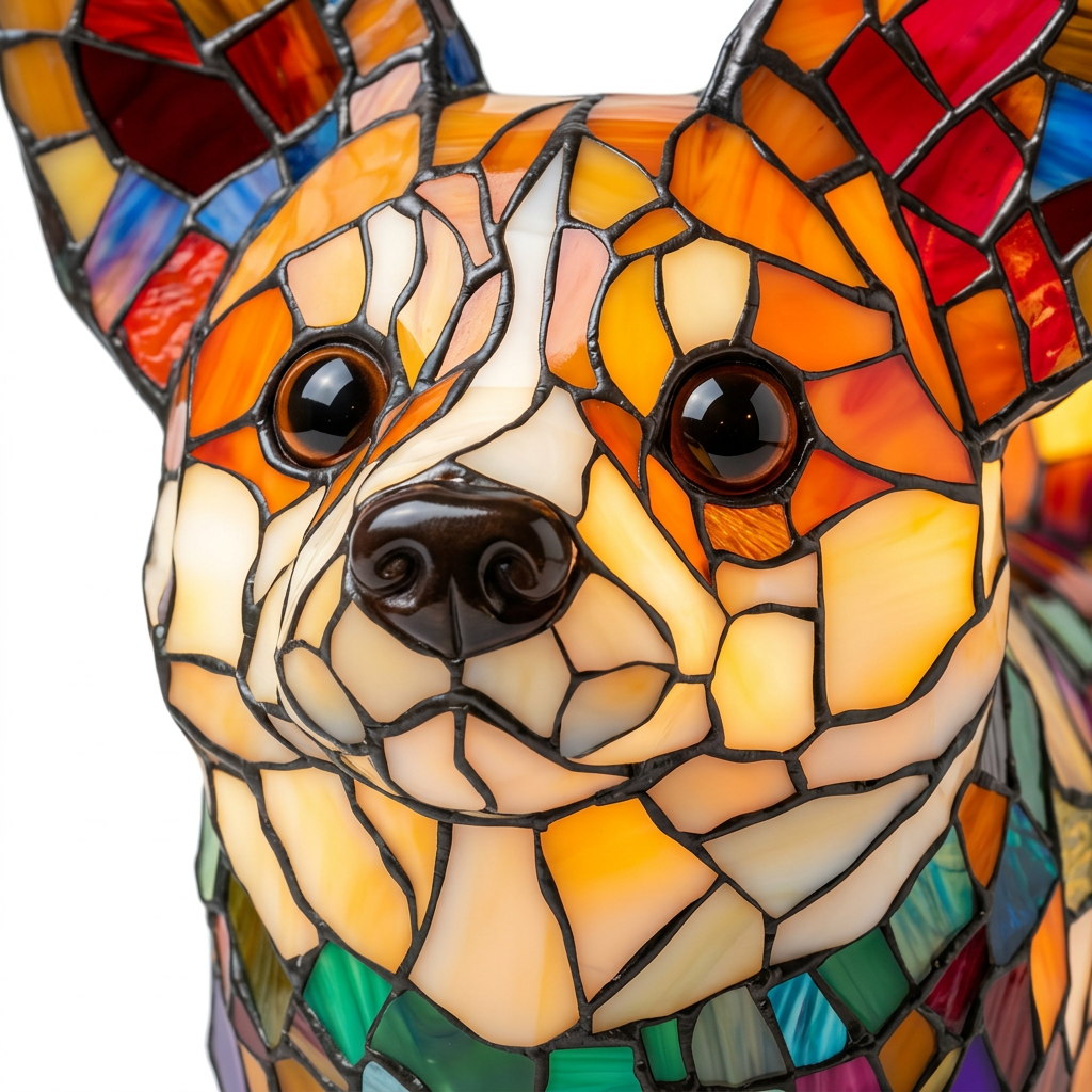 Close-up van de Koninklijke Corgi dierenlamp, kleurrijk mozaïekdetail