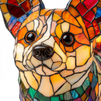 Close-up van de Koninklijke Corgi dierenlamp, kleurrijk mozaïekdetail