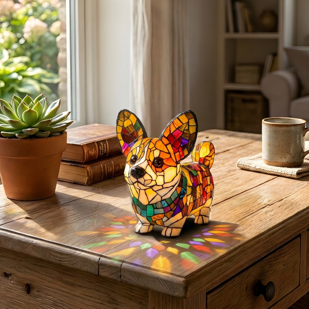 Koninklijke Corgi dierenlamp op een houten tafel in een lichte kamer