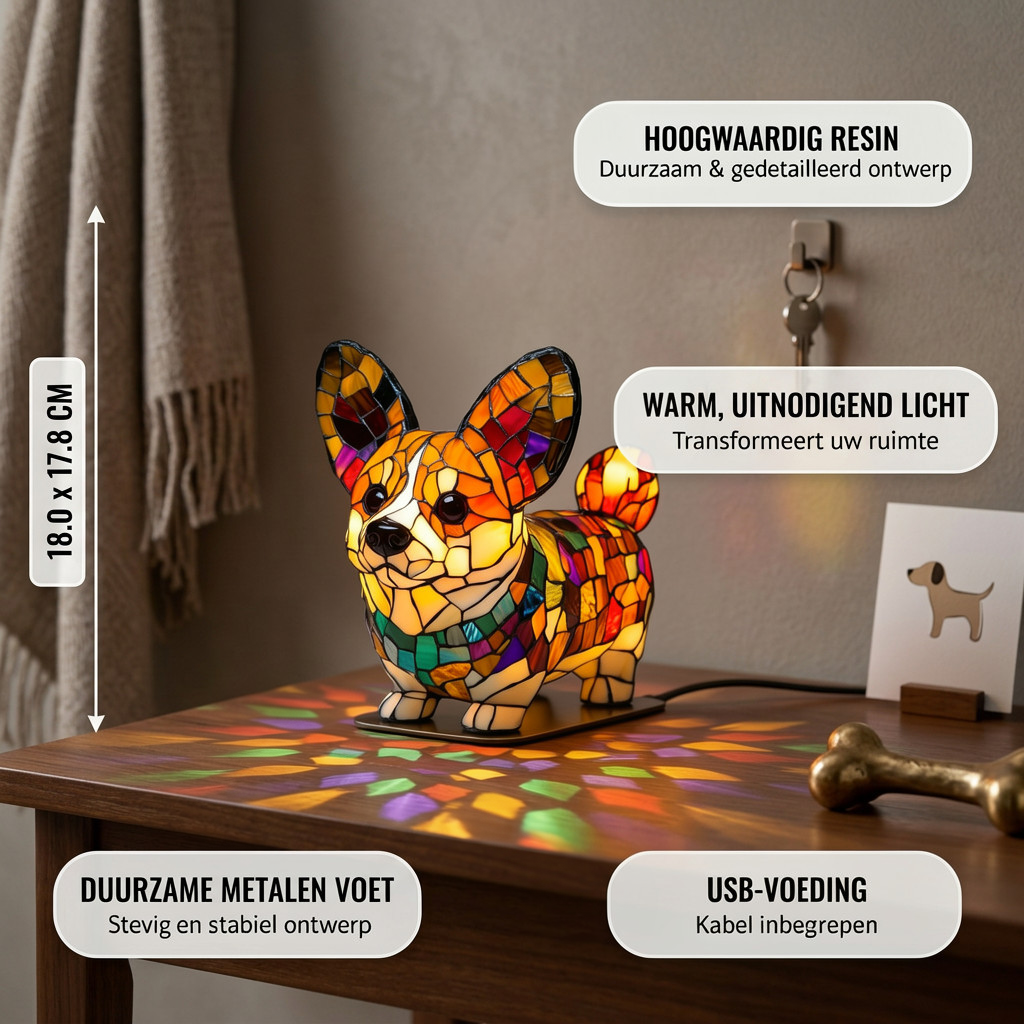 Koninklijke Corgi dierenlamp met productkenmerken