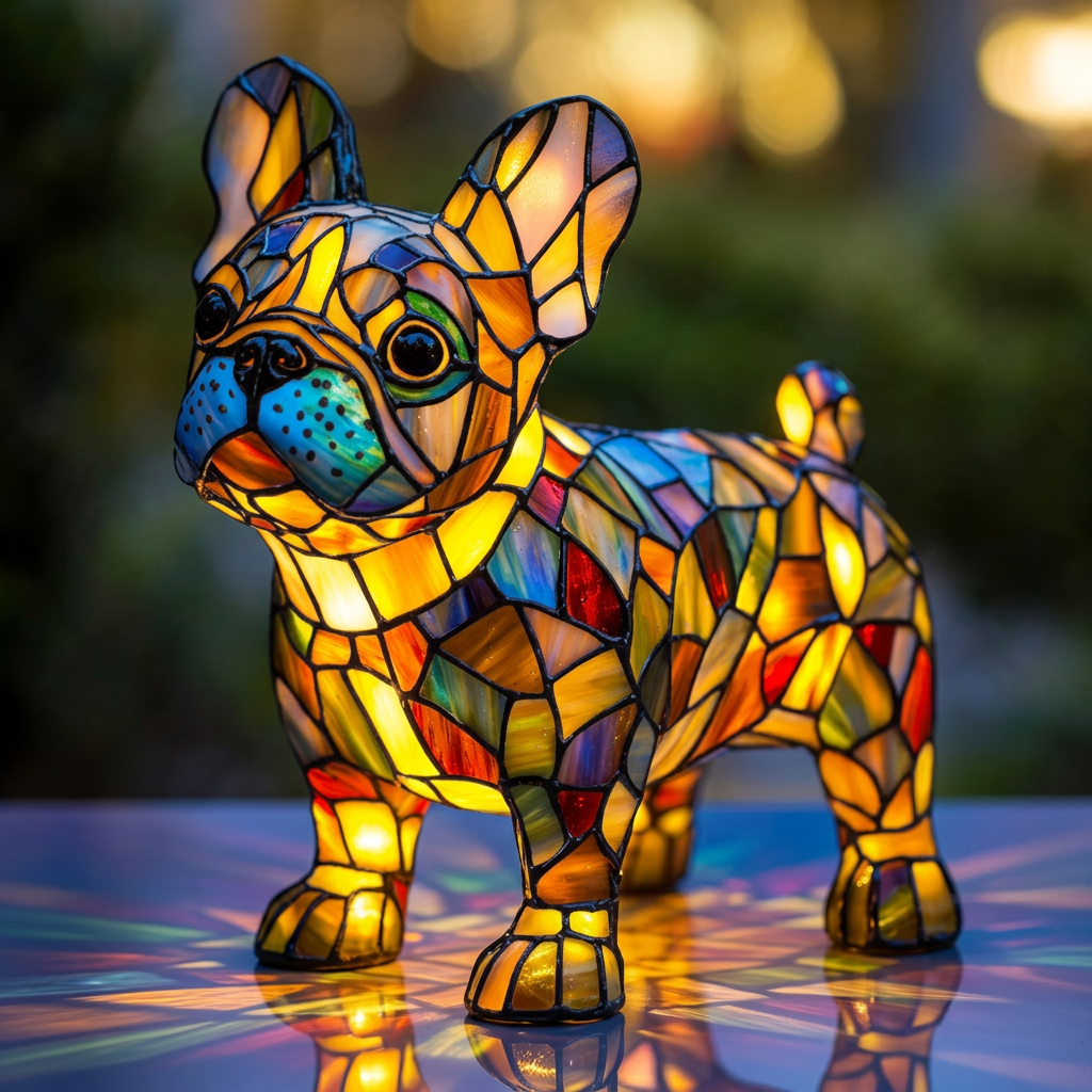 Lampe animale Bouledogue Français Rayonnant style vitrail, allumée