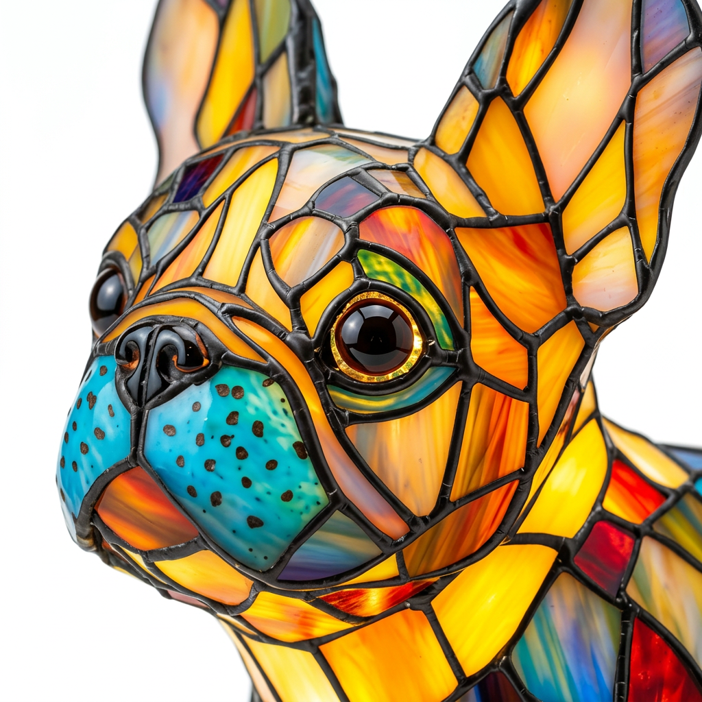 Gros plan de la lampe animale Bouledogue Français Rayonnant, détail de la mosaïque colorée