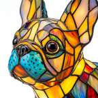 Gros plan de la lampe animale Bouledogue Français Rayonnant, détail de la mosaïque colorée