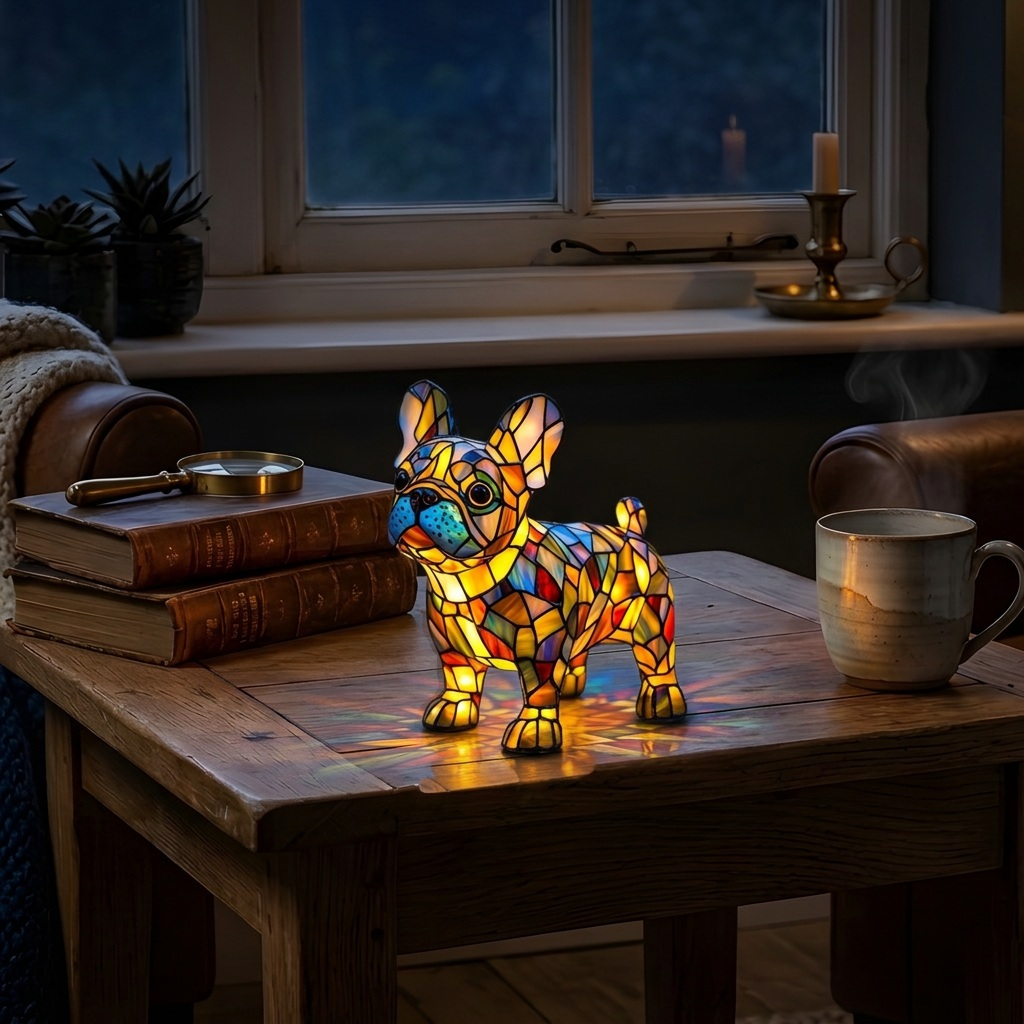 Stralende Franse Bulldog dierenlamp die gezellig gloeit in een kamer 's avonds