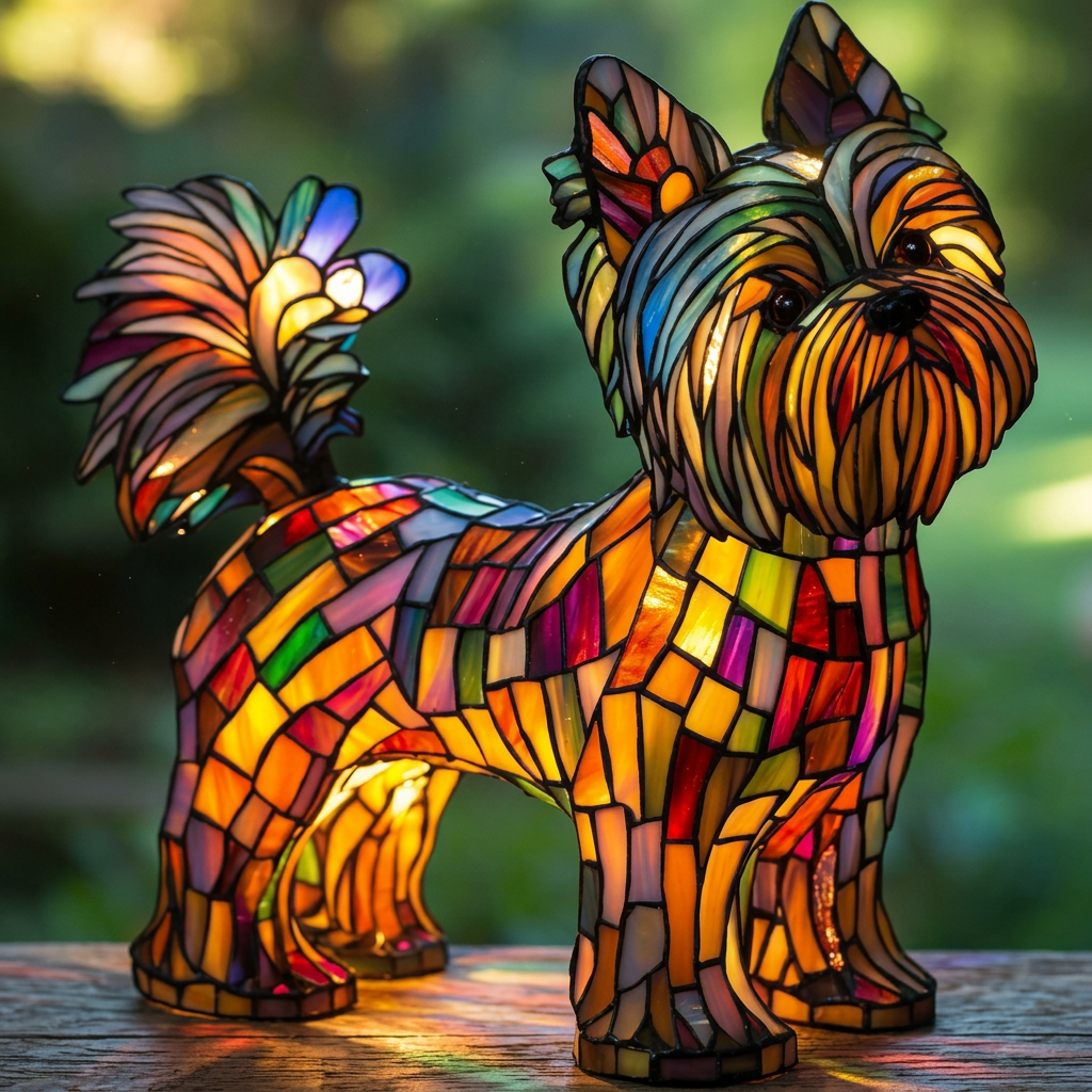 Stralende Yorkshire Terriër dierenlamp in glas-in-lood-stijl, verlicht