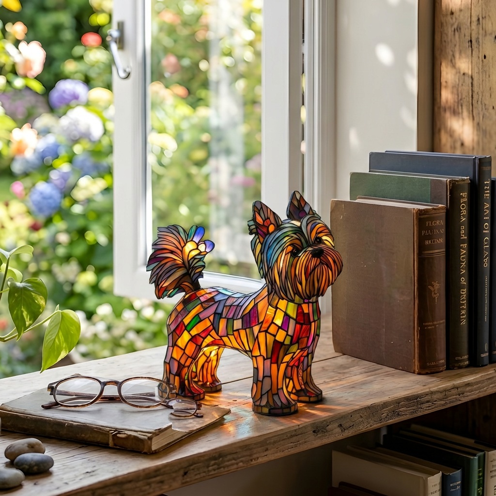 Stralende Yorkshire Terriër dierenlamp op een houten tafel in een lichte kamer