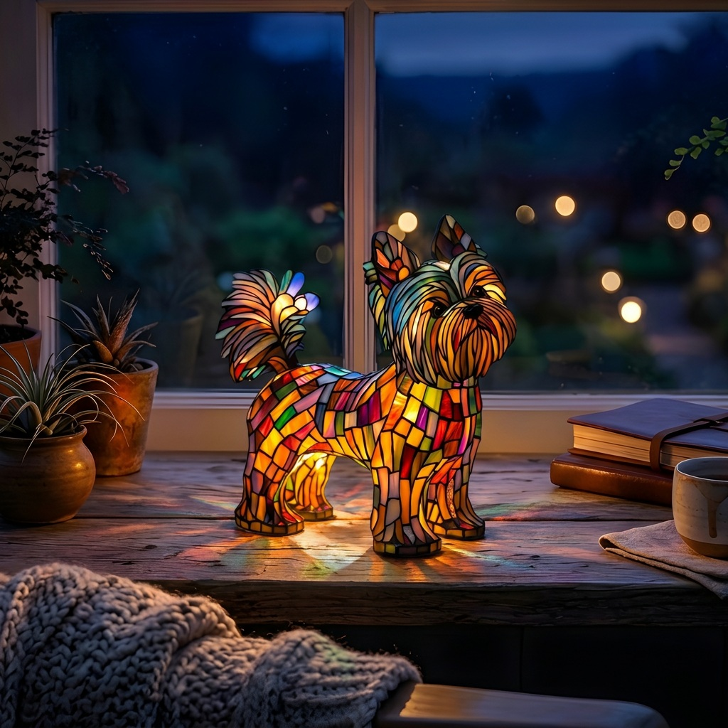 Stralende Yorkshire Terriër dierenlamp die gezellig gloeit in een kamer 's avonds