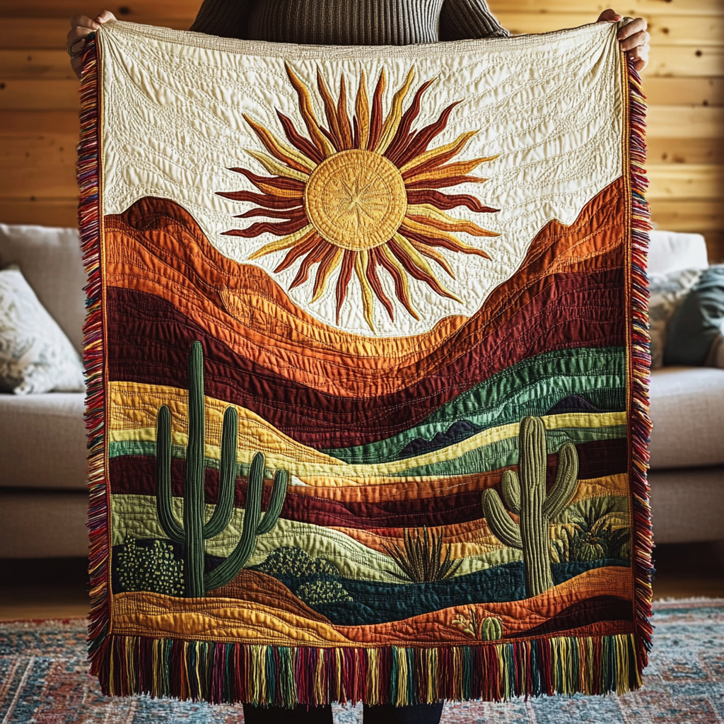 Geweven plaid Saguaromagie – een stralende zon boven glooiende woestijnheuvels in terracotta, rood en groen, met hoge saguarocactussen
