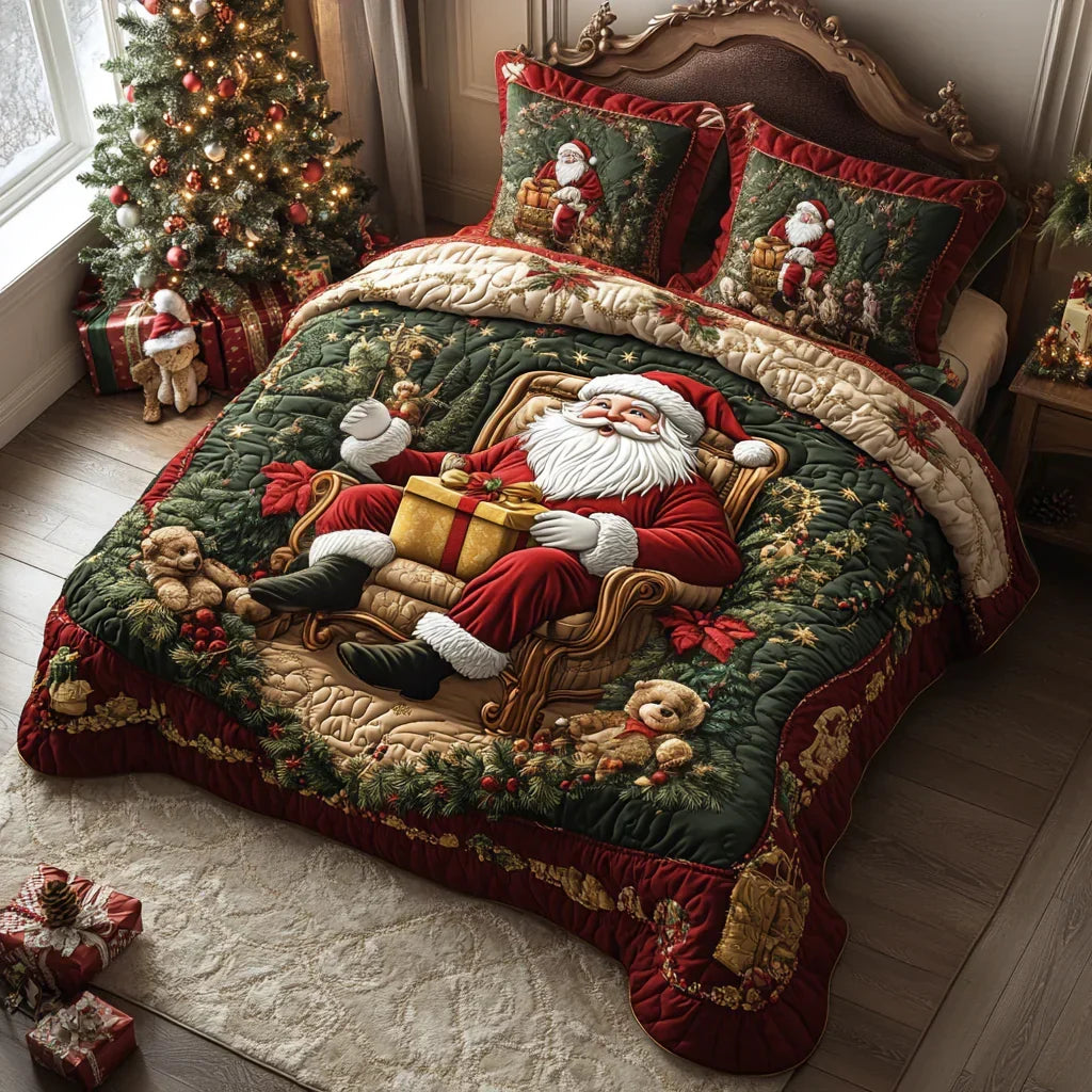 Parure de lit matelassée Moment avec le père Noël – housse de couette et 2 taies d'oreiller