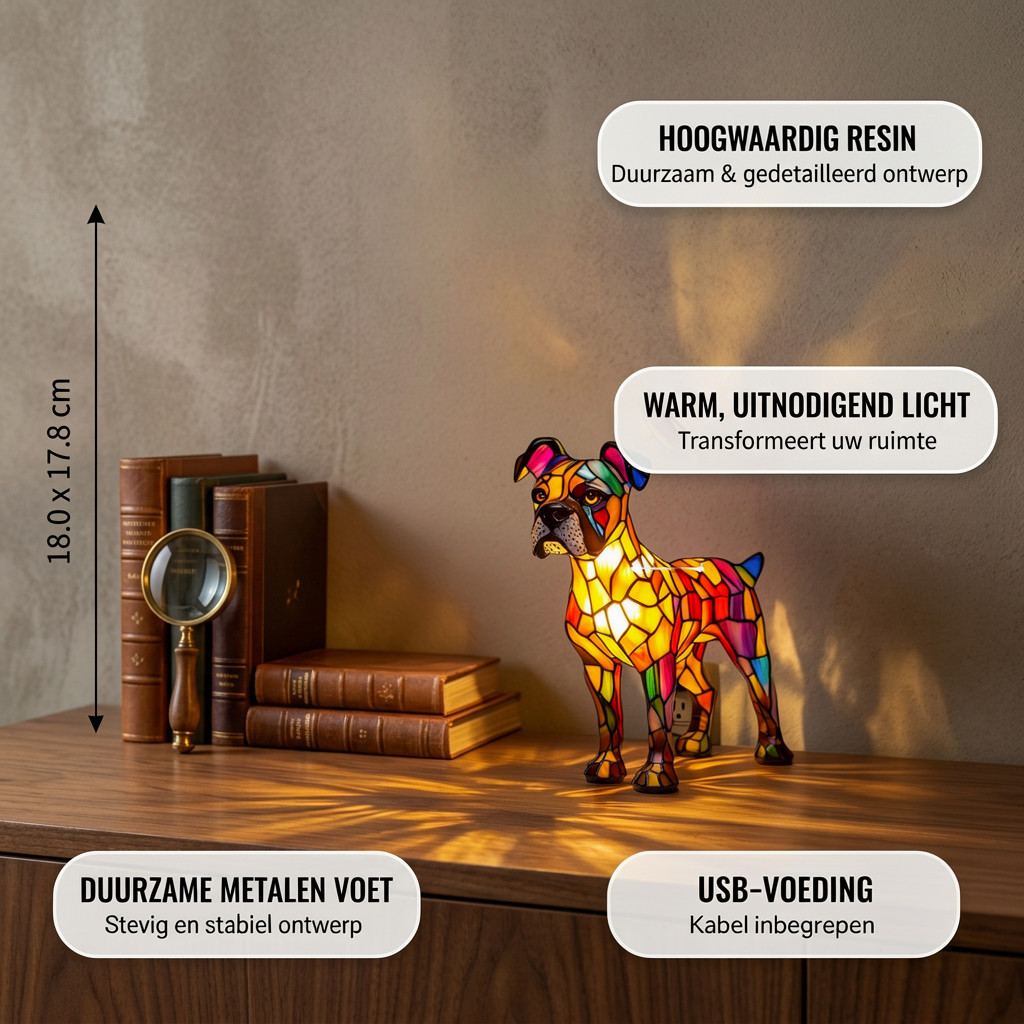 Schitterende Boxer dierenlamp met productkenmerken