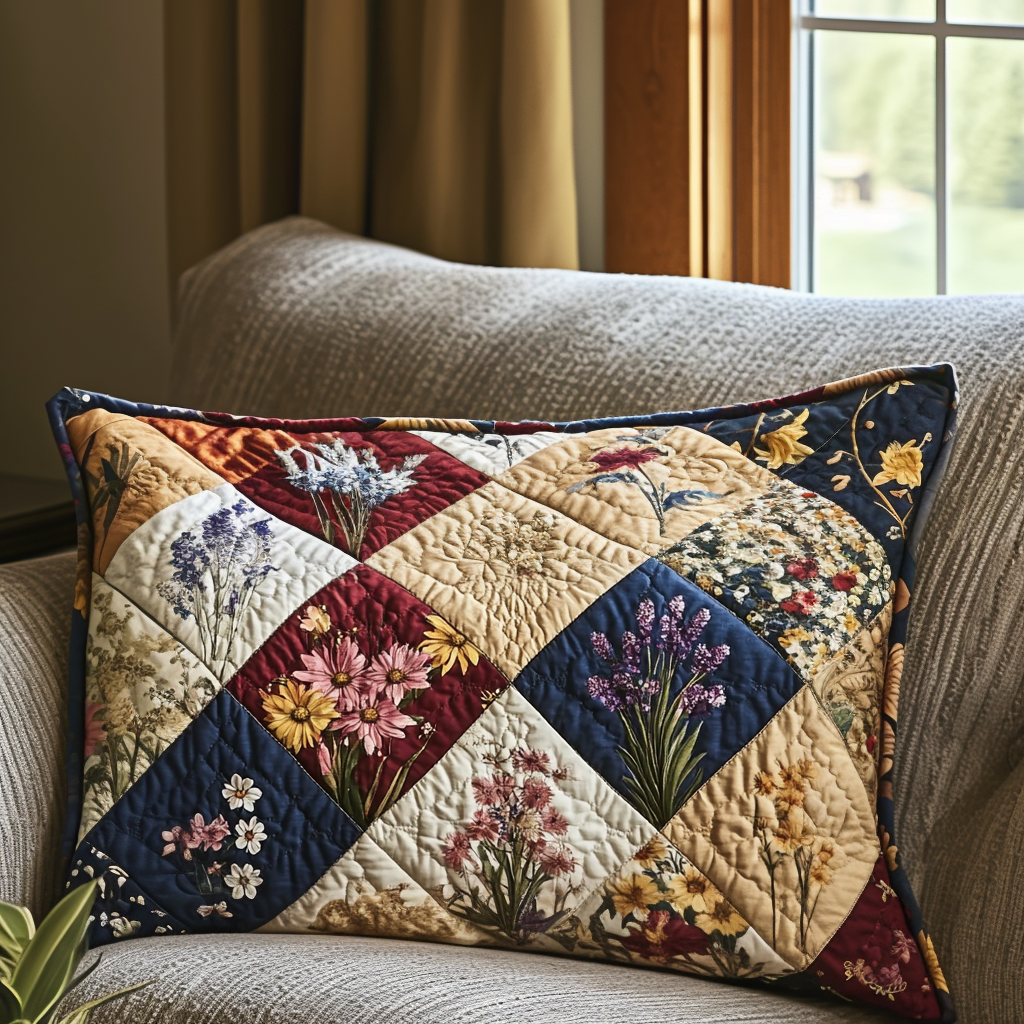 Taie d'oreiller matelassée Patchwork fleurs de printemps – vue de face