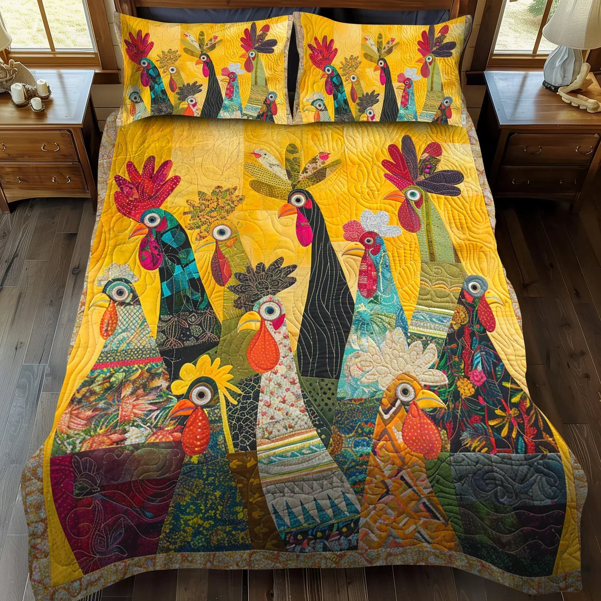 Parure de lit matelassée Coqs au lever du soleil – housse de couette et 2 taies d'oreiller