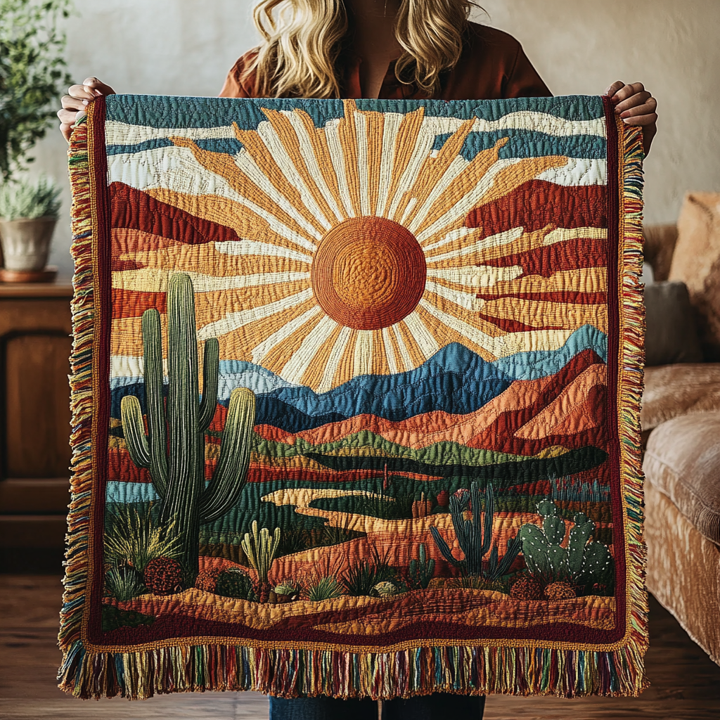 Plaid tissé Sentiers au coucher du soleil – un grand soleil aux rayons dorés au-dessus de montagnes désertiques en couches bleues, terre cuite et vertes, avec des cactus au premier plan