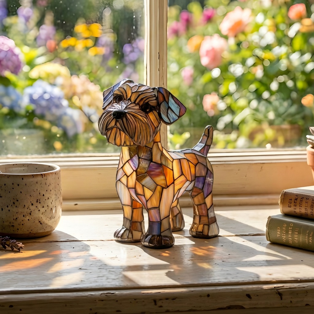 Terriërziel dierenlamp op een houten tafel in een lichte kamer