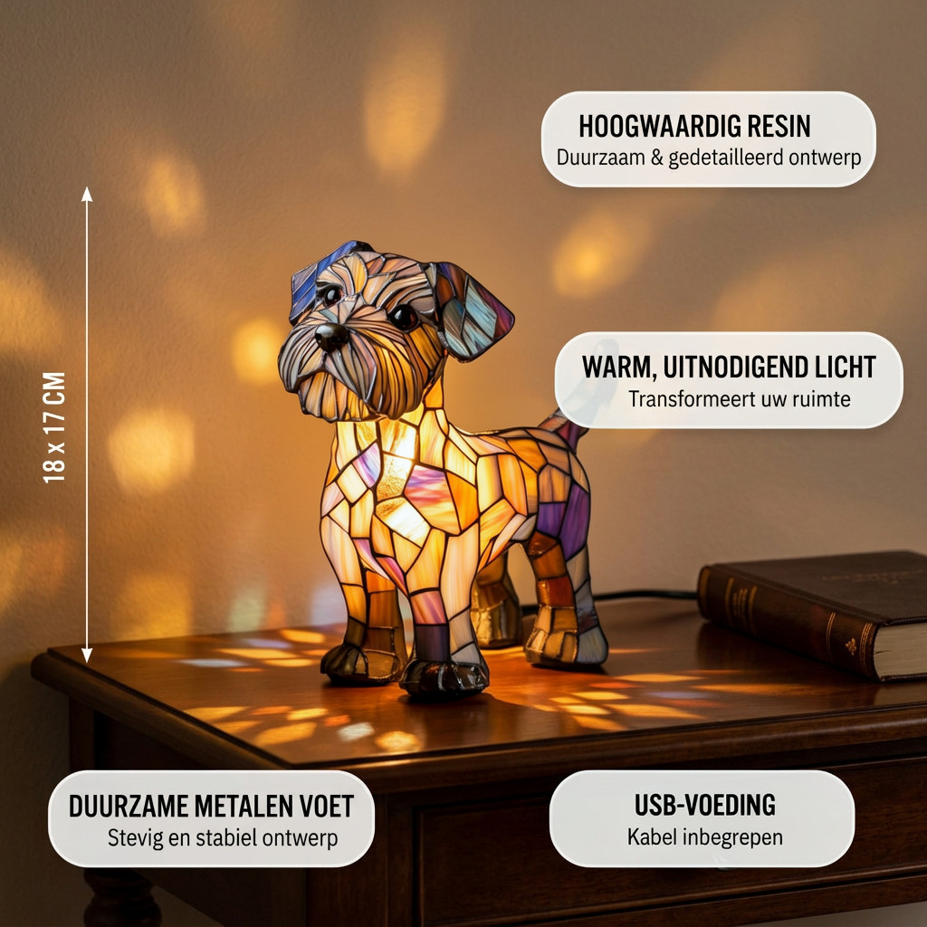 Terriërziel dierenlamp met productkenmerken