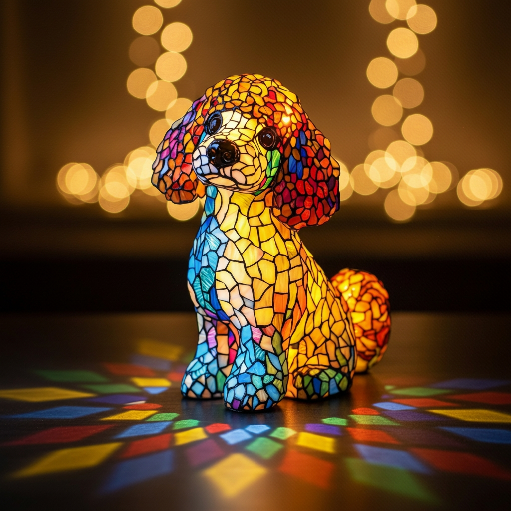 Elegante Poedel dierenlamp in glas-in-lood-stijl, verlicht