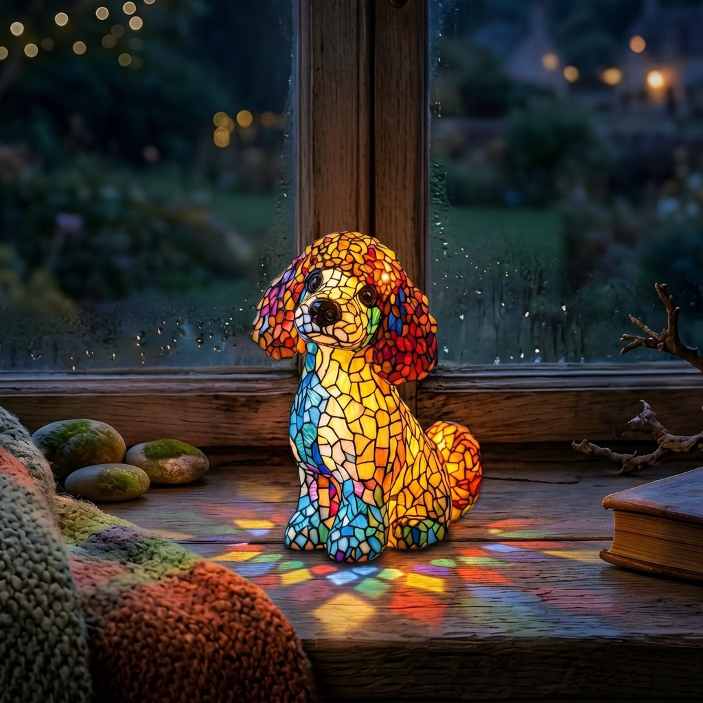 Elegante Poedel dierenlamp die gezellig gloeit in een kamer 's avonds