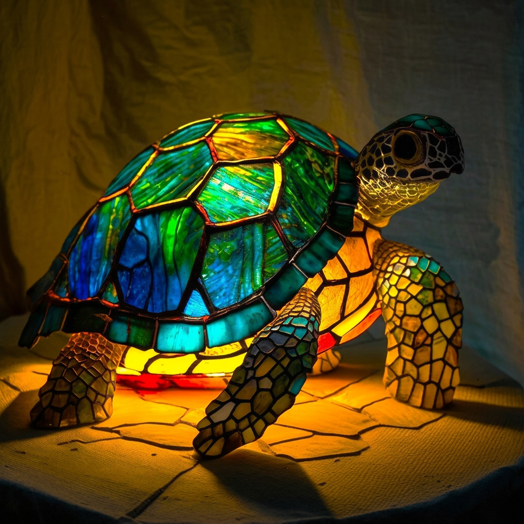 Lampe animale Tortue Molokai style vitrail, allumée