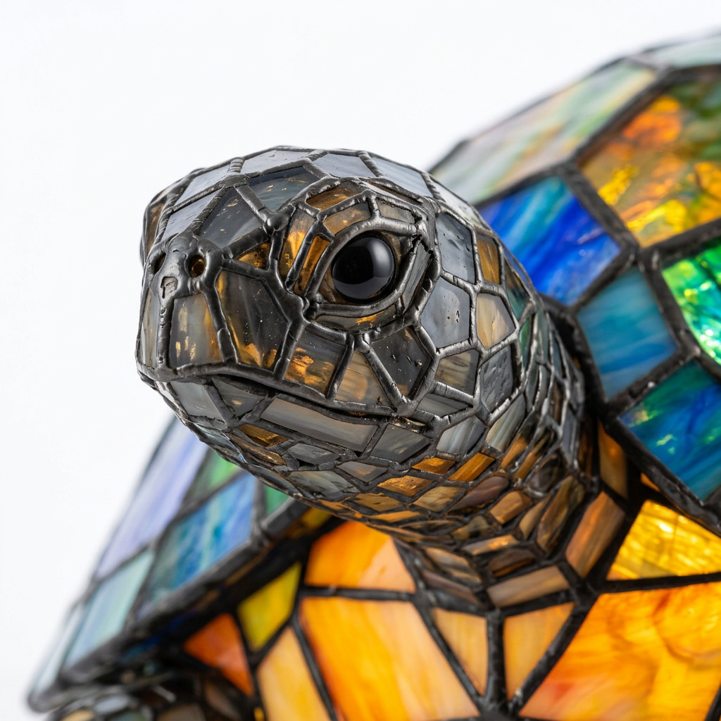 Gros plan de la lampe animale Tortue Molokai, détail de la mosaïque colorée