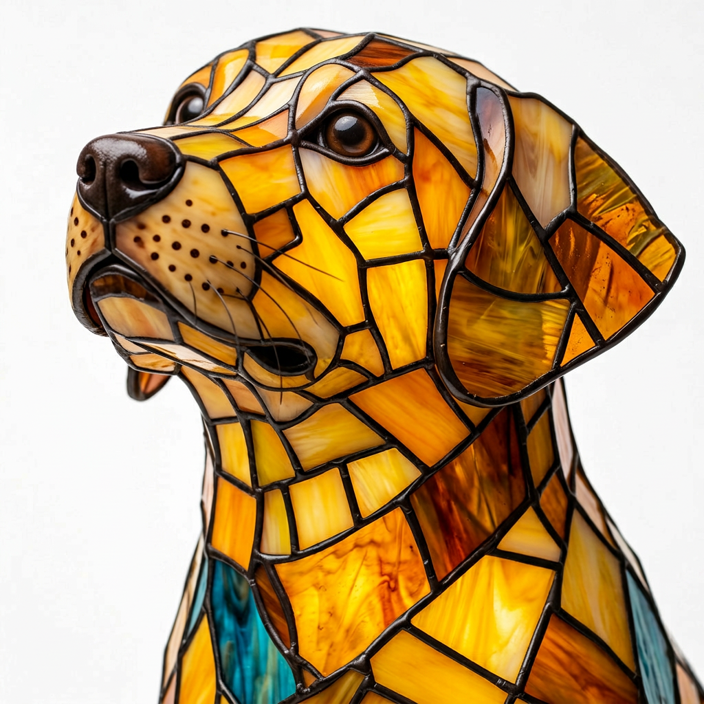 Close-up van de Doorschijnende Labrador dierenlamp, kleurrijk mozaïekdetail