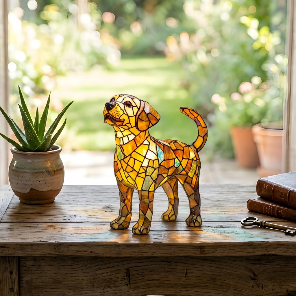 Doorschijnende Labrador dierenlamp op een houten tafel in een lichte kamer