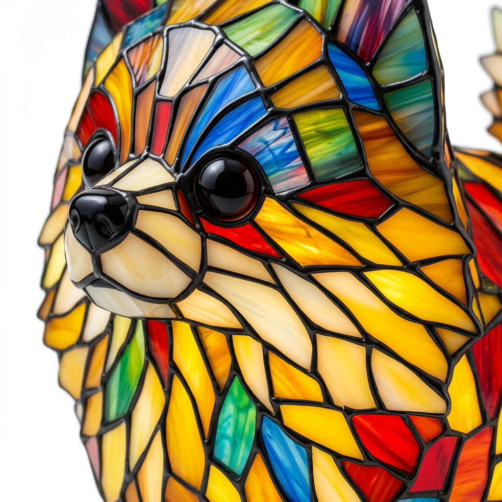 Gros plan de la lampe animale Pomme d'Or Spitz nain, détail de la mosaïque colorée