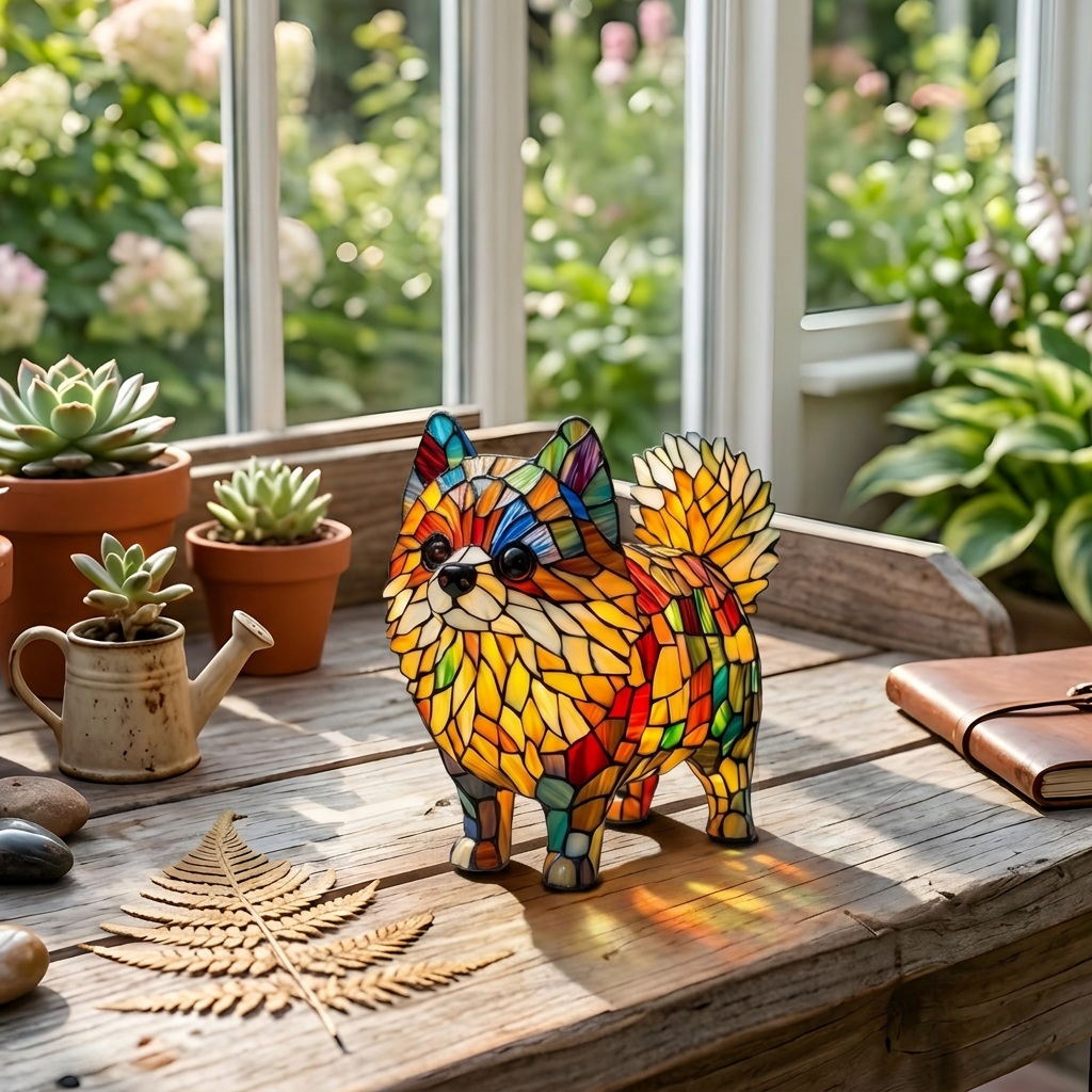 Lampe animale Pomme d'Or Spitz nain sur une table en bois dans une pièce lumineuse