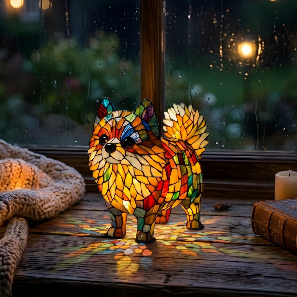 Lampe animale Pomme d'Or Spitz nain allumée dans une pièce chaleureuse le soir