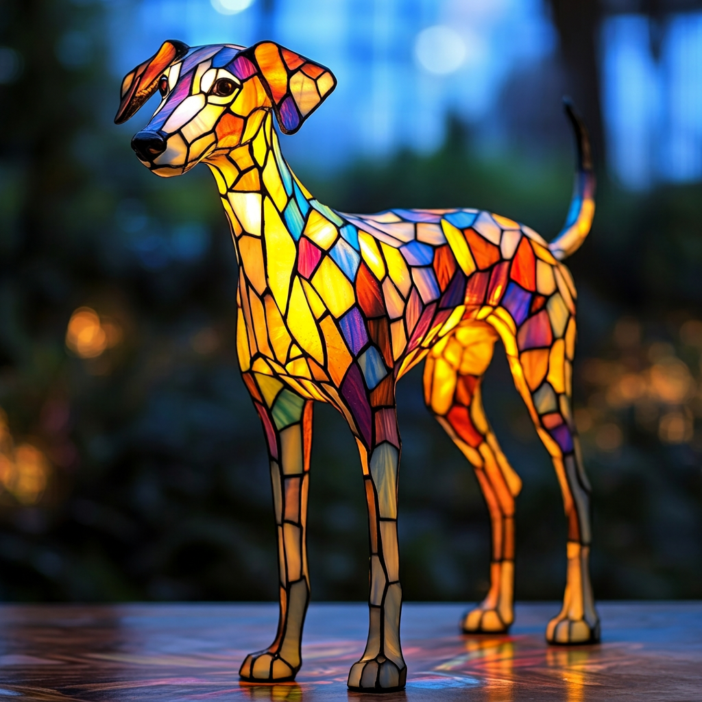 Glazen Soldaat Whippet dierenlamp in glas-in-lood-stijl, verlicht