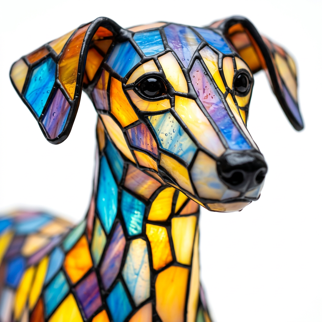 Close-up van de Glazen Soldaat Whippet dierenlamp, kleurrijk mozaïekdetail