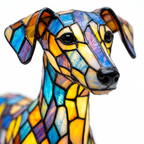 Close-up van de Glazen Soldaat Whippet dierenlamp, kleurrijk mozaïekdetail