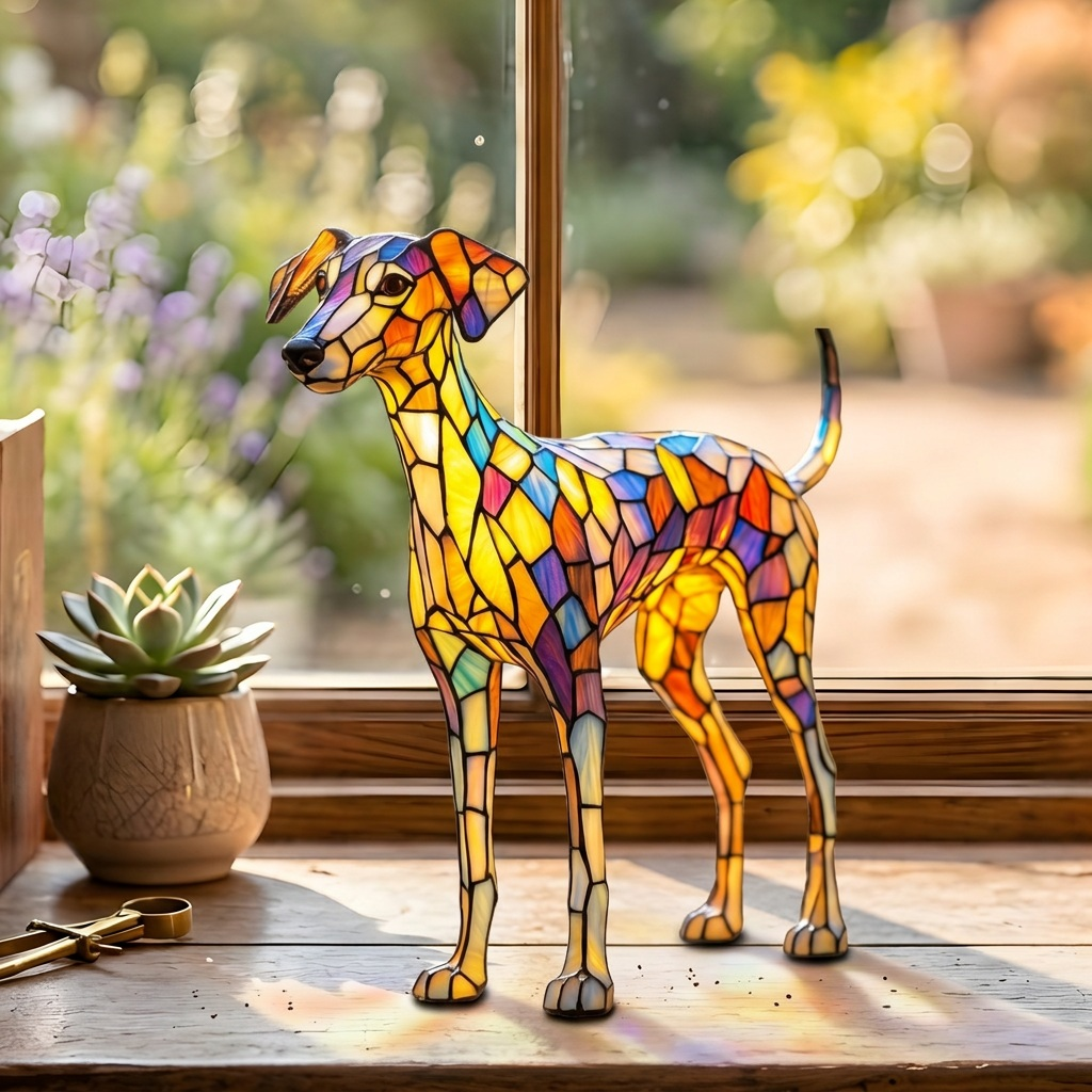 Glazen Soldaat Whippet dierenlamp op een houten tafel in een lichte kamer