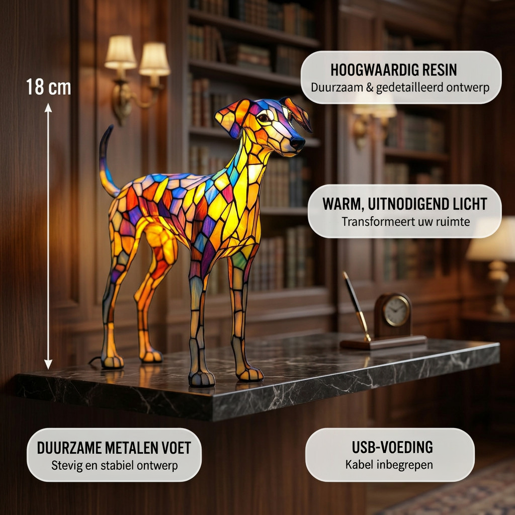 Glazen Soldaat Whippet dierenlamp met productkenmerken