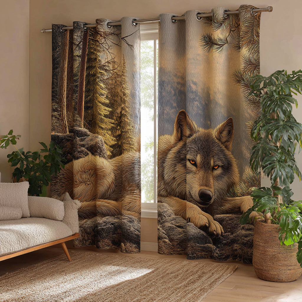 Gewatteerde gordijnen Wolf in de Wildernis – set van 2 panelen