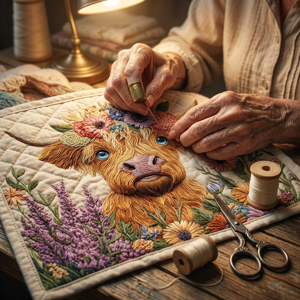 Close-up van handen die het motief Bloemrijke Highlands quilten