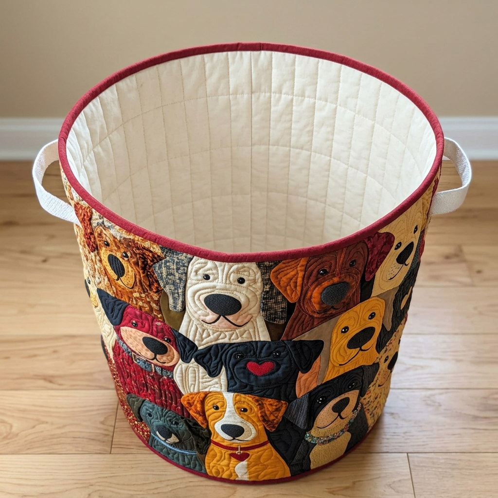 Panier à linge matelassé Chiens colorés, vide, avec sa doublure matelassée crème
