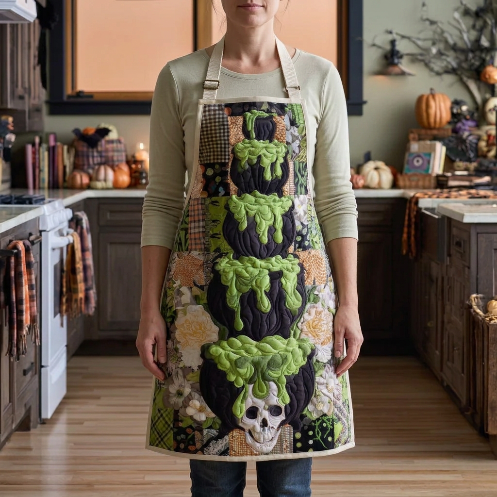 Gewatteerd keukenschort Spookdrankje gedragen in de keuken