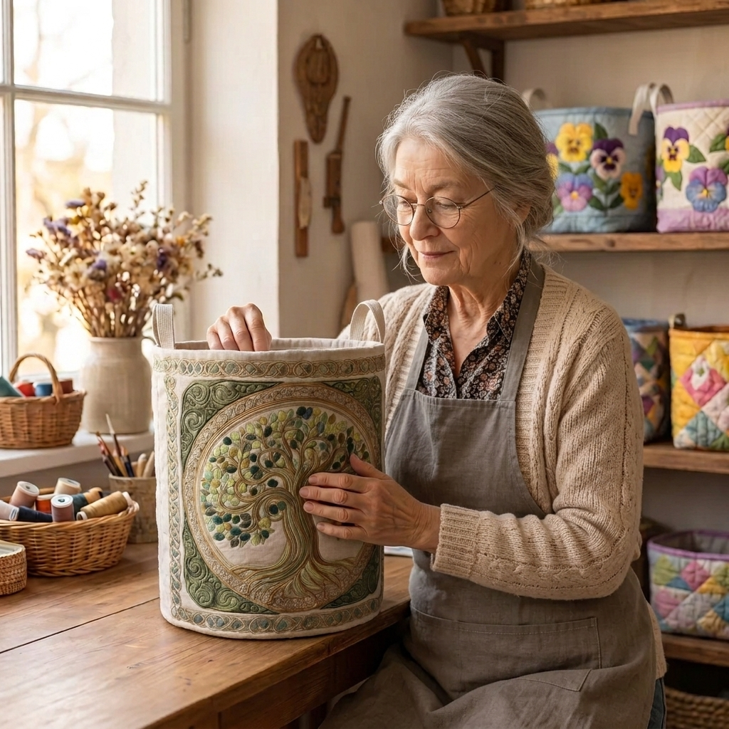 Lien met de gewatteerde wasmand Mystieke boom in haar naaiatelier