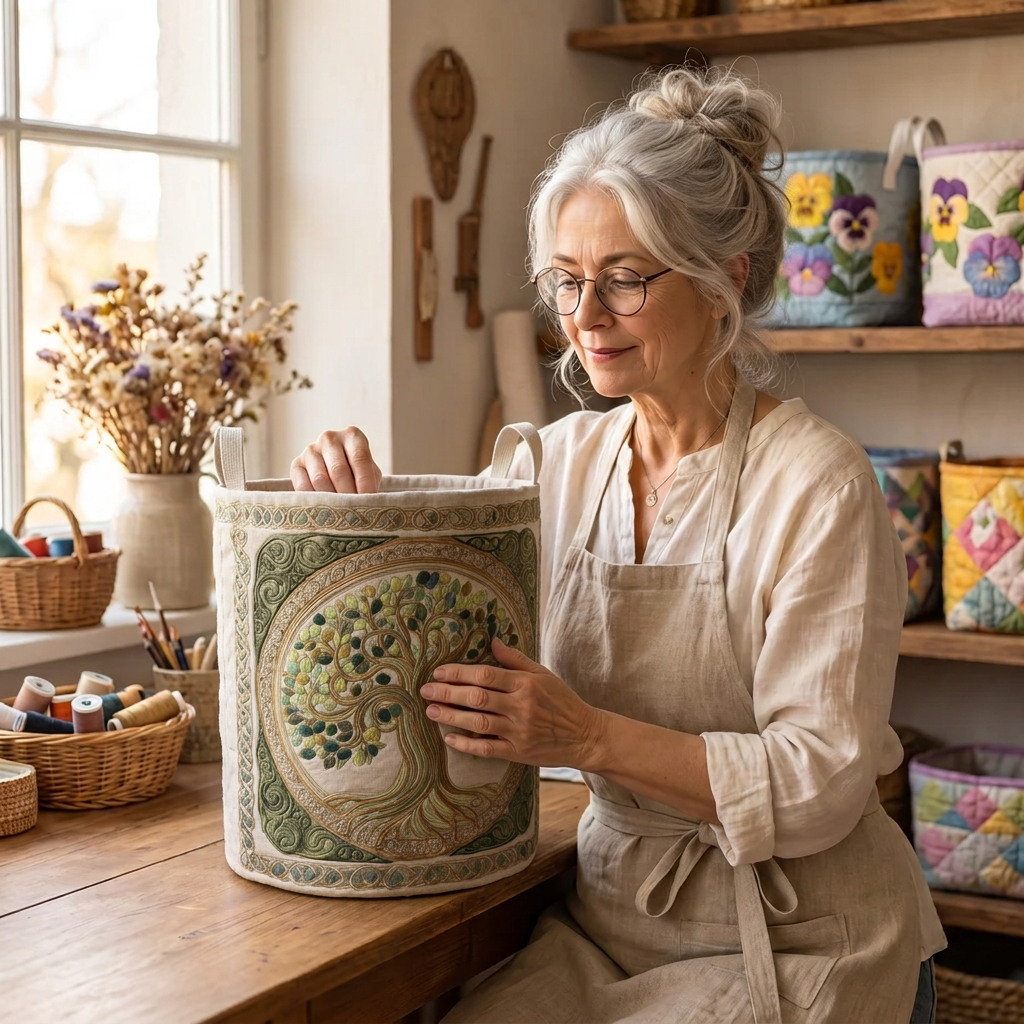Lien met de gewatteerde wasmand Mystieke boom in haar naaiatelier