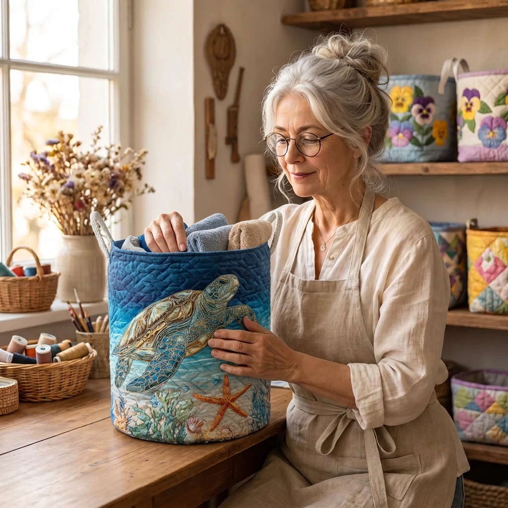 Lien met de gewatteerde wasmand Maritieme sfeer in haar naaiatelier