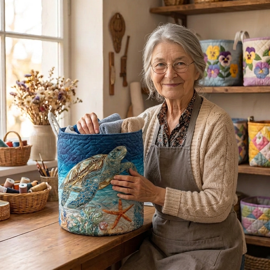Lien met de gewatteerde wasmand Maritieme sfeer in haar naaiatelier