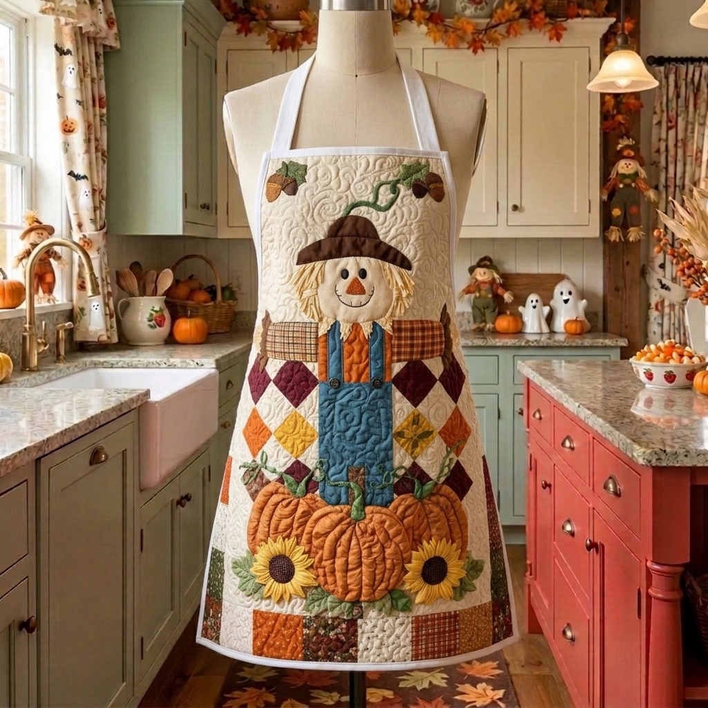 Tablier de cuisine matelassé Sourire d'Épouvantail aux Tournesols sur un mannequin