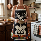 Tablier de cuisine matelassé Récolte du Squelette porté dans la cuisine